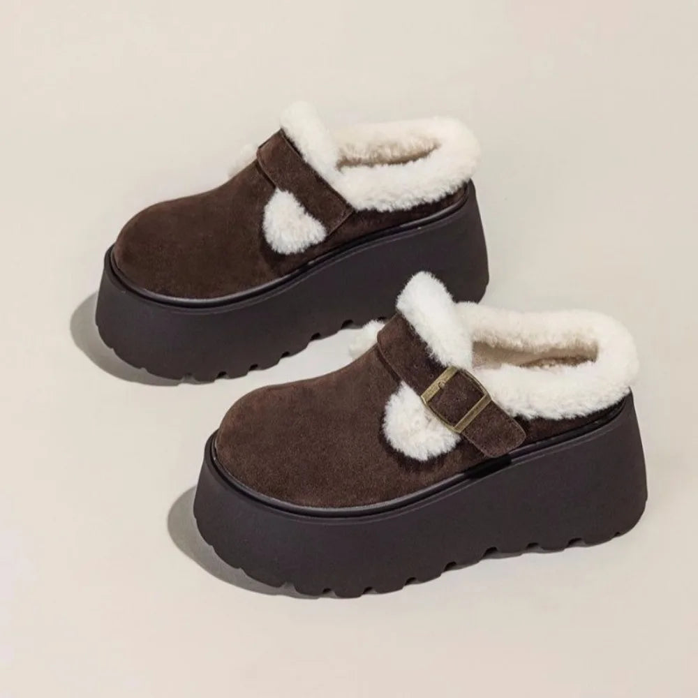 Women's Shearling Platform Clogs with Buckle Strap and Chunky Sole