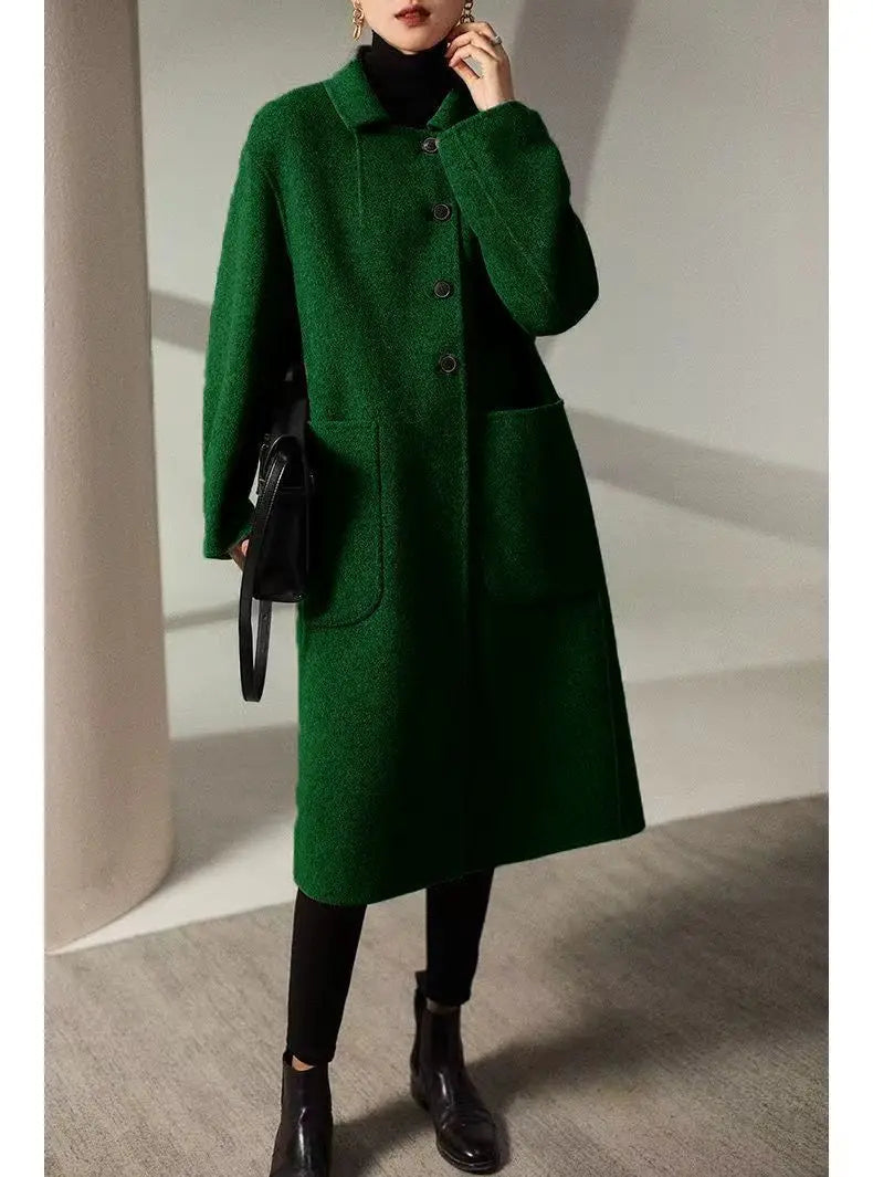 Women's Long Wool Blend Overcoat with Funnel Neck and Button Front