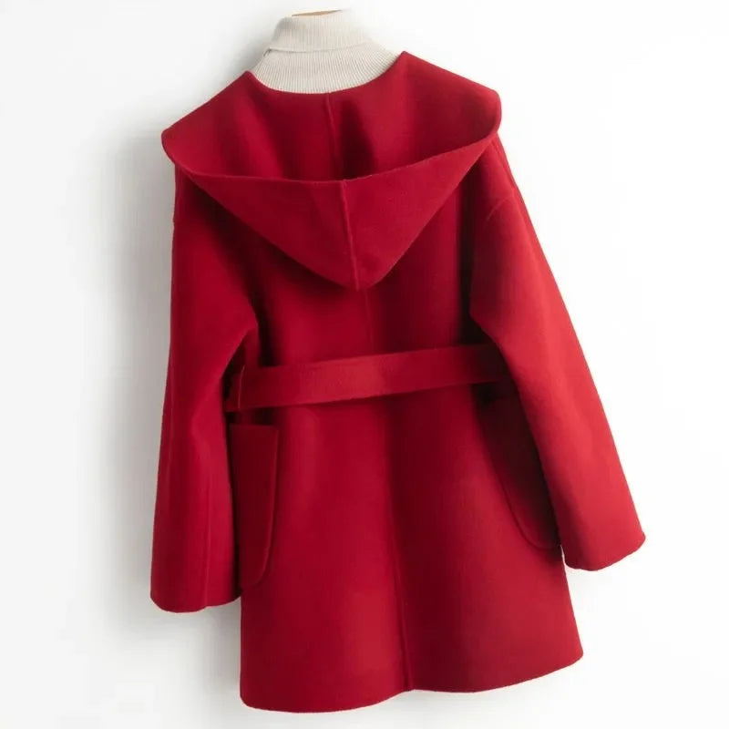 Women's Belted Hooded Wool Blend Coat with Patch Pockets