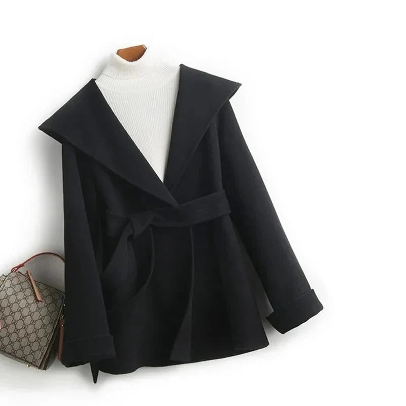 Women's Belted Hooded Wool Blend Coat with Patch Pockets