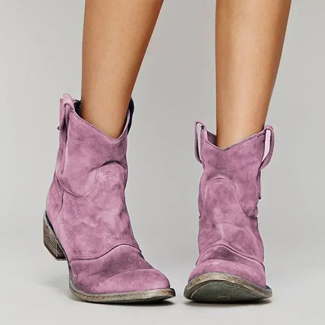 Women's Suede Ankle Western Boots With Pull Tabs
