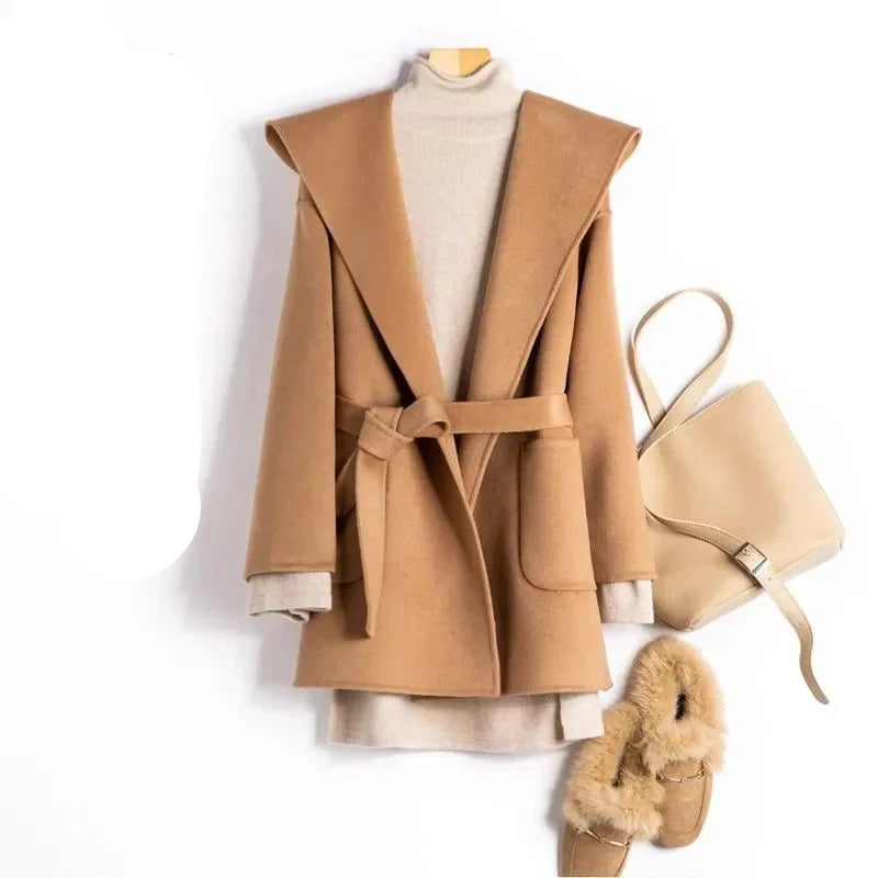 Women's Belted Hooded Wool Blend Coat with Patch Pockets