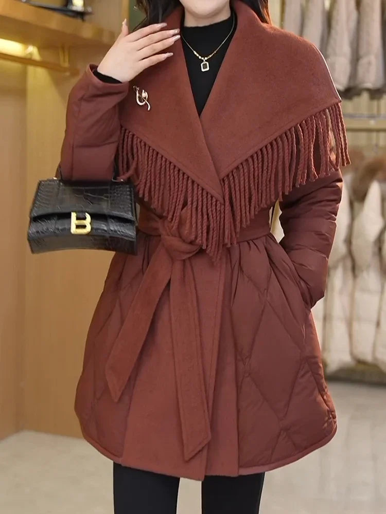 Women's Quilted Down Coat with Fringe Detail and Belted Waist
