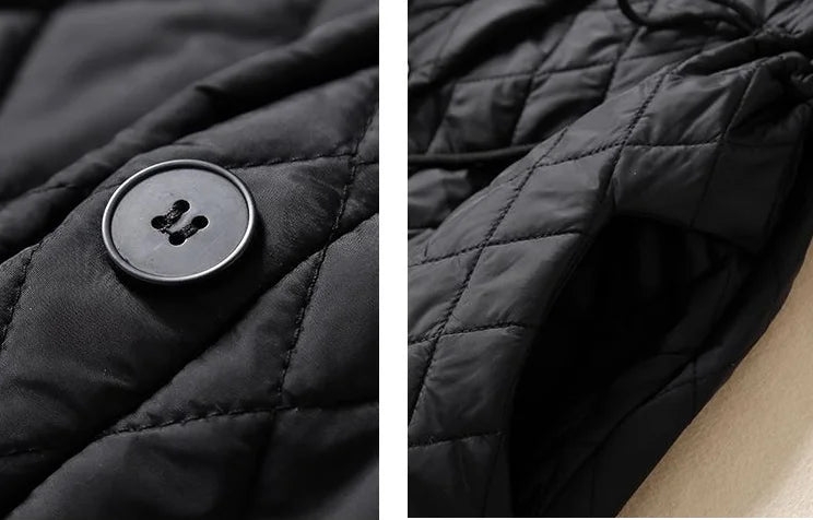 Women's Long Quilted Coat with Drawstring Waist and Button Front