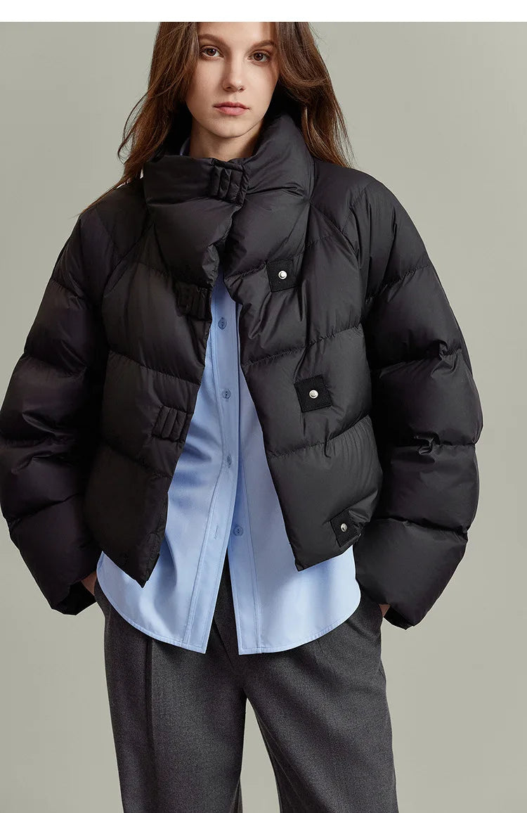 Women's Cropped Quilted Puffer Jacket with High Collar and Snap Buttons
