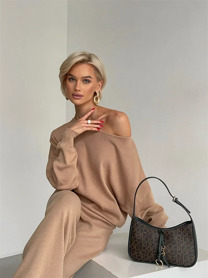 Women's Off Shoulder Knit Sweater and Pants Set with Wide Neck