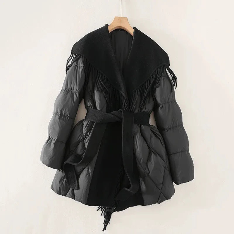Women's Quilted Down Coat with Fringe Detail and Belted Waist