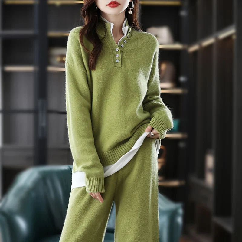 Women's Cashmere Polo Sweater and Pants Set with Button Neck