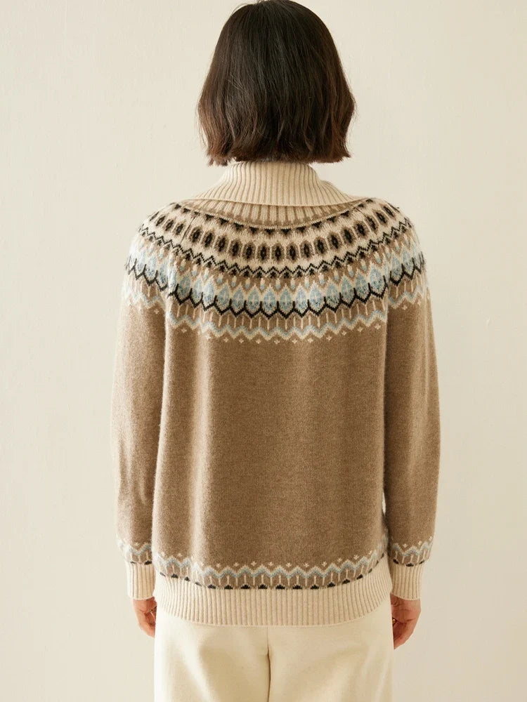 Women's Cashmere Zip Up Cardigan with Fair Isle Pattern and Ribbed Trim