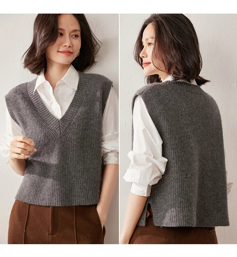 Women's Ribbed Cashmere Sweater Vest with V Neck and Sleeveless Design