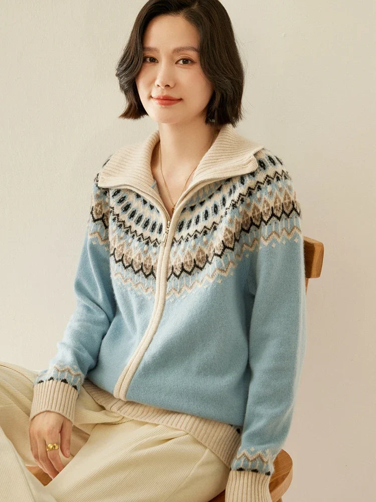 Women's Cashmere Zip Up Cardigan with Fair Isle Pattern and Ribbed Trim