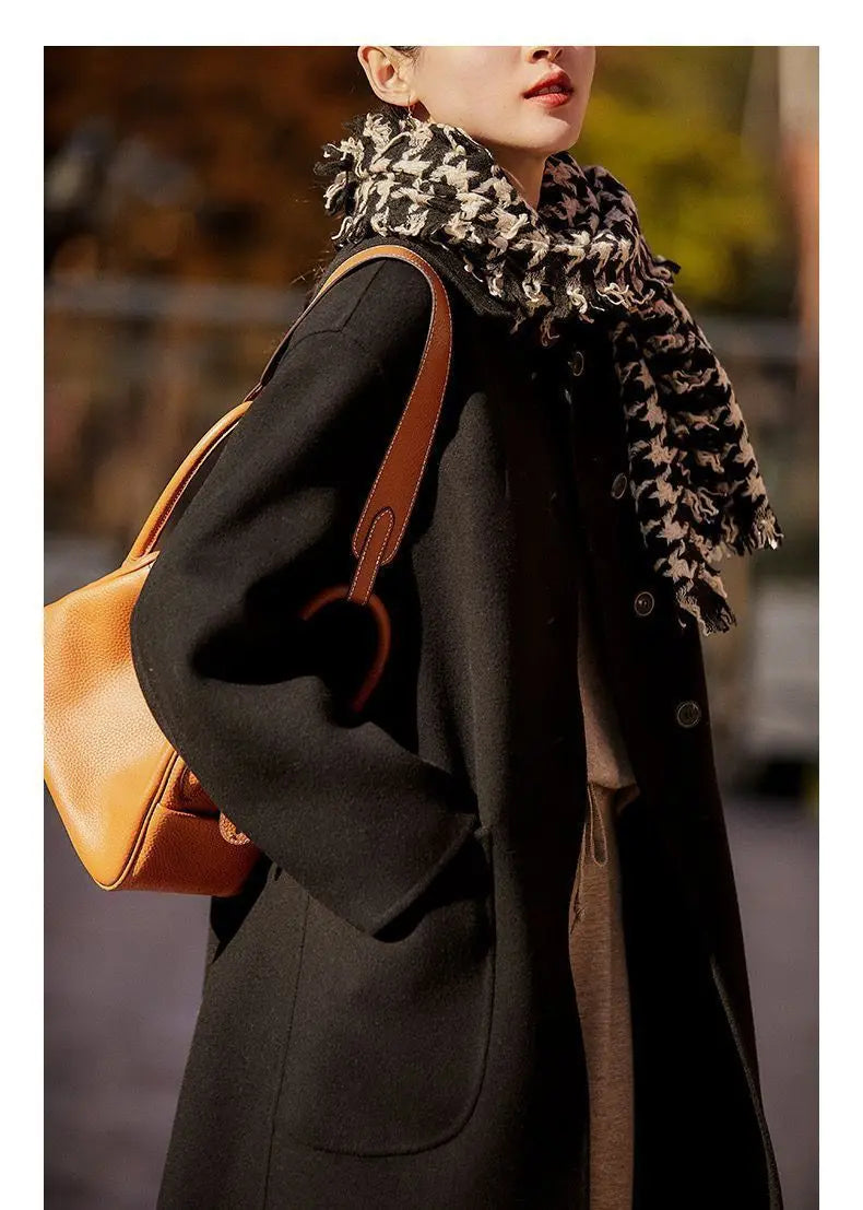 Women's Long Wool Blend Overcoat with Funnel Neck and Button Front