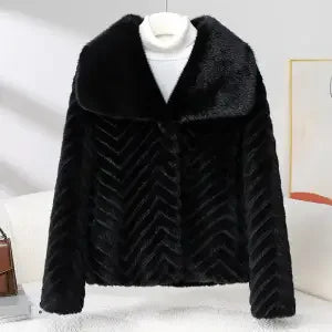 Women's Cropped Faux Fur Jacket with Chevron Quilted Pattern and Collar