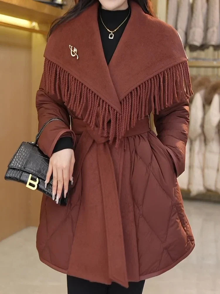 Women's Quilted Down Coat with Fringe Detail and Belted Waist