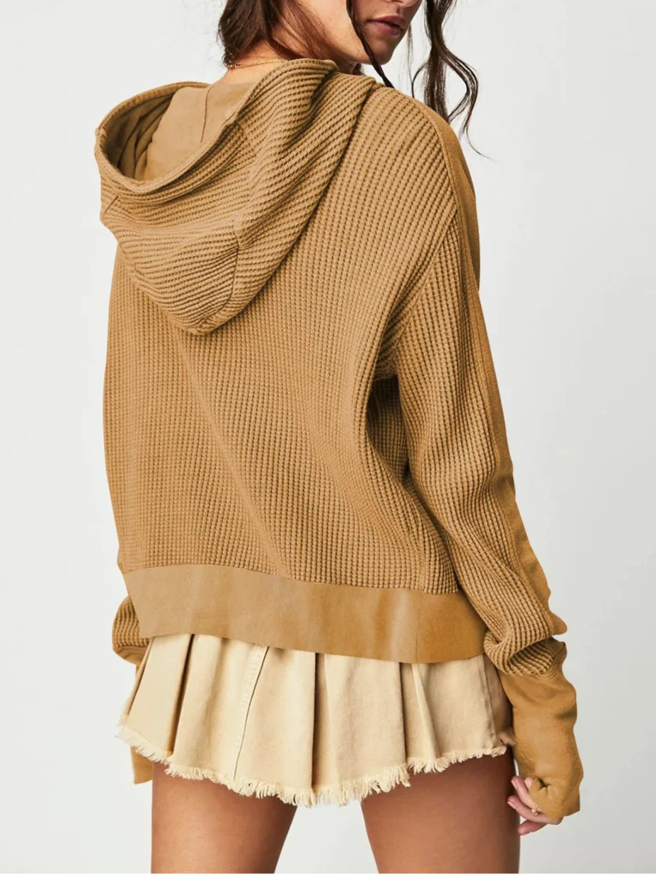 Women's Cropped Waffle Knit Hoodie with Full Zip and Button Collar