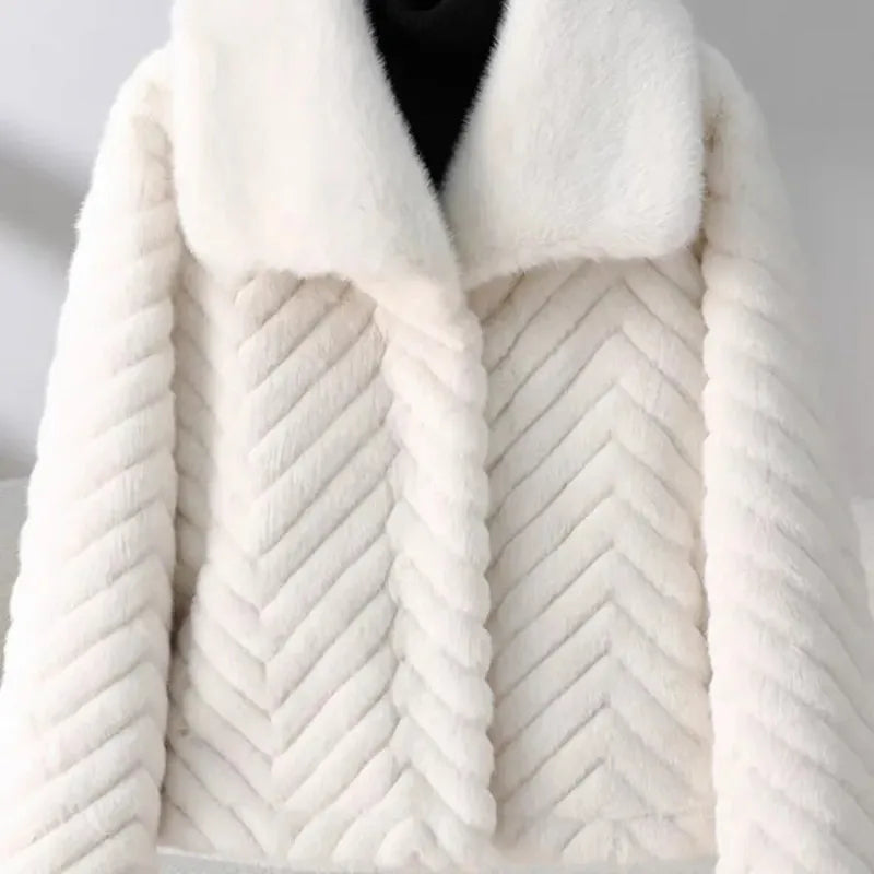 Women's Cropped Faux Fur Jacket with Chevron Quilted Pattern and Collar