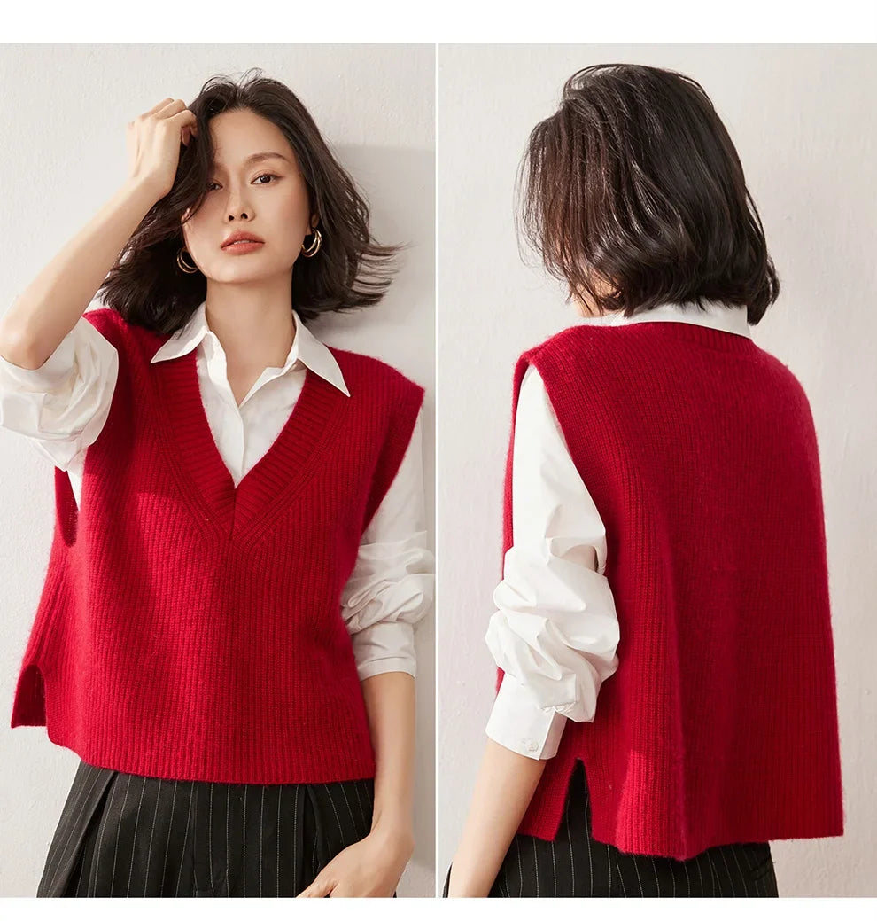 Women's Ribbed Cashmere Sweater Vest with V Neck and Sleeveless Design