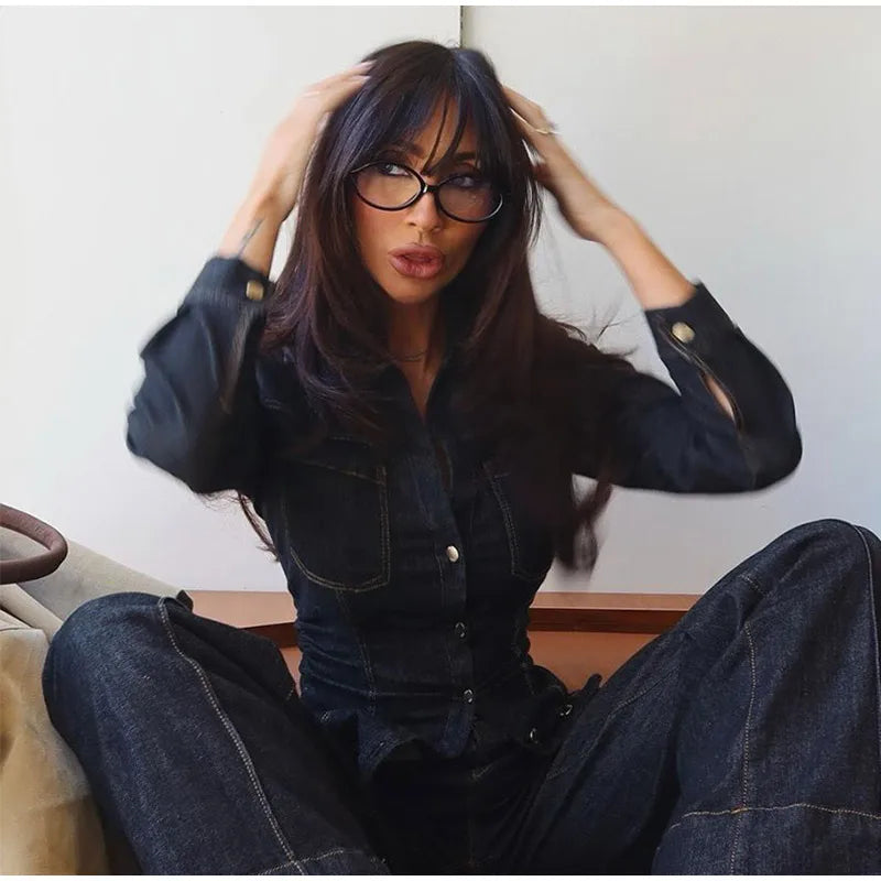 Women's Button Front Denim Shirt and Wide Leg Jeans Set