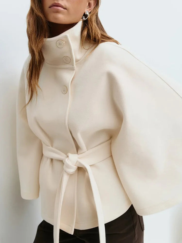 Women's Wool Blend Cape Coat with High Collar and Tie Belt