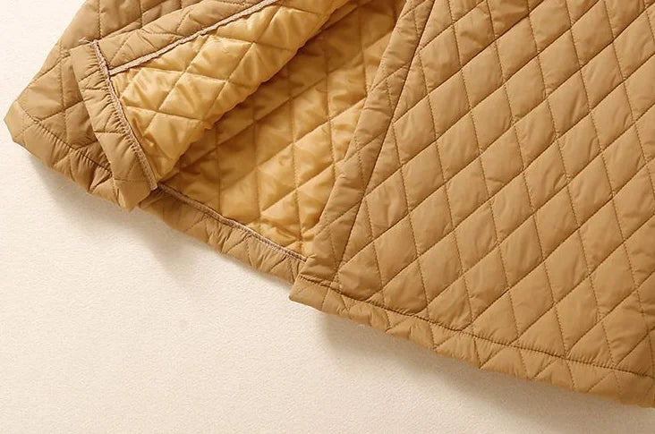 Women's Long Quilted Coat with Drawstring Waist and Button Front