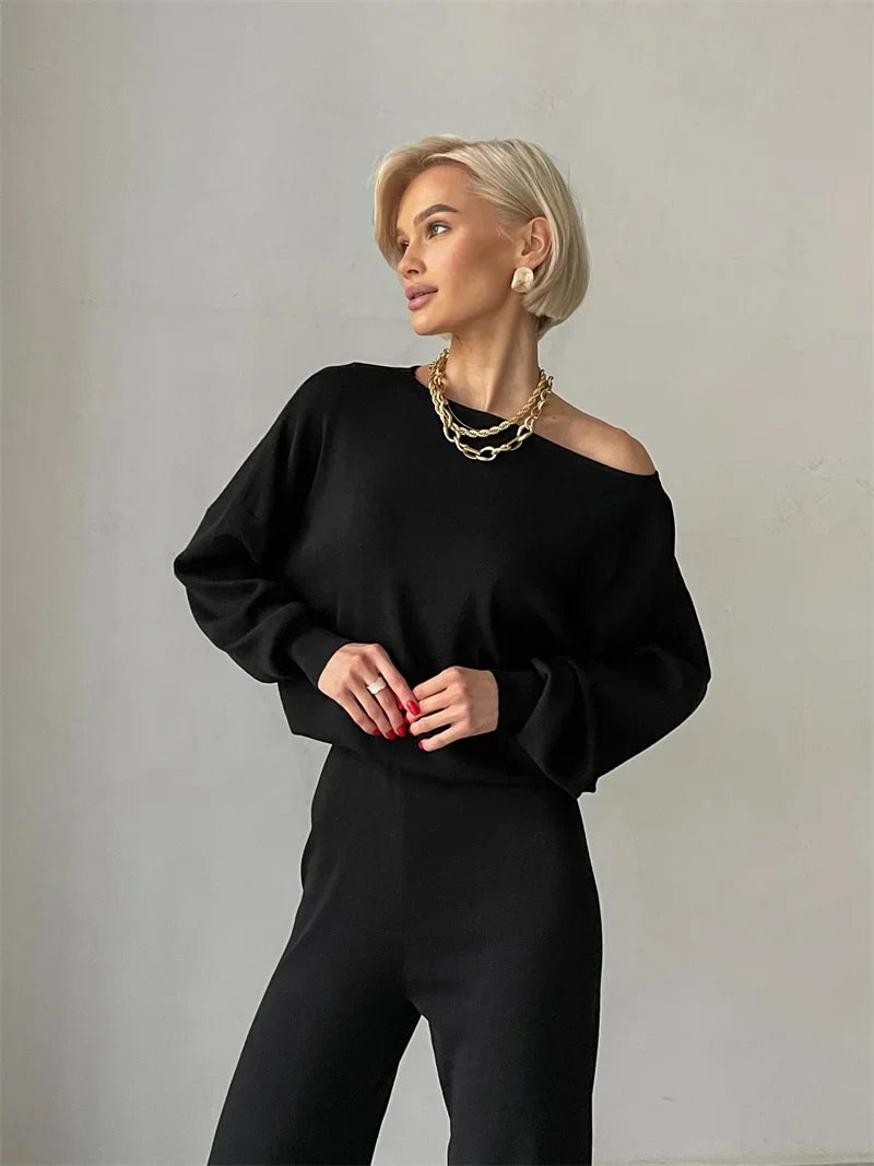 Women's Off Shoulder Knit Sweater and Pants Set with Wide Neck
