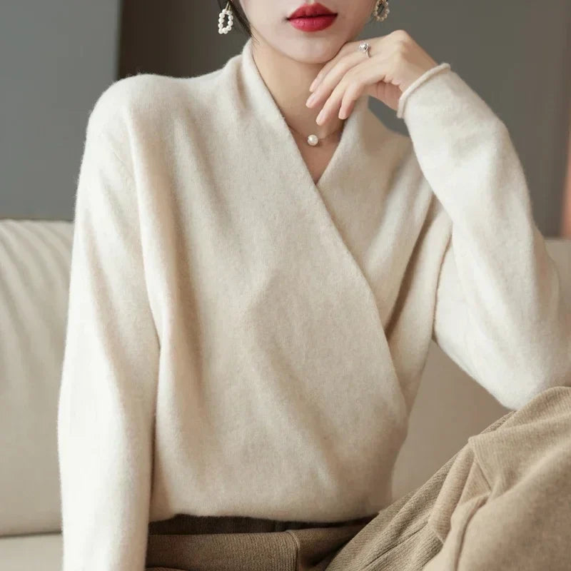 Women's V Neck Knit Sweater with Wrap Front and Long Sleeves