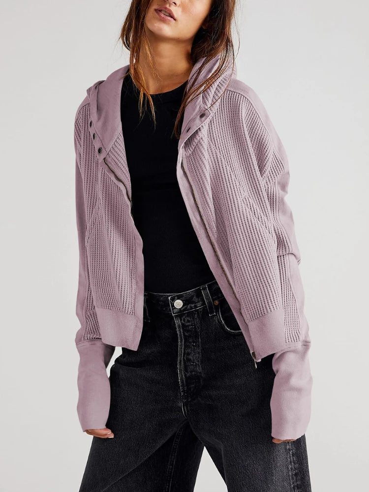 Women's Cropped Waffle Knit Hoodie with Full Zip and Button Collar