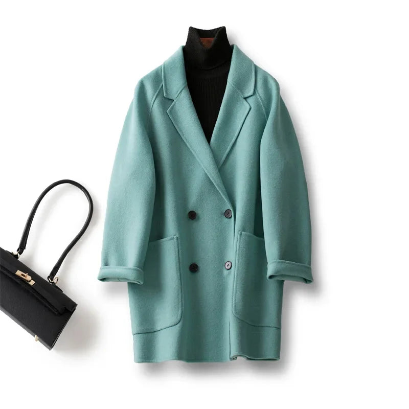 Women's Double Breasted Wool Blend Coat with Notch Lapel