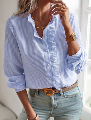 Eleanor | Womens Long Sleeve Button Front Ruffle Blouse 1