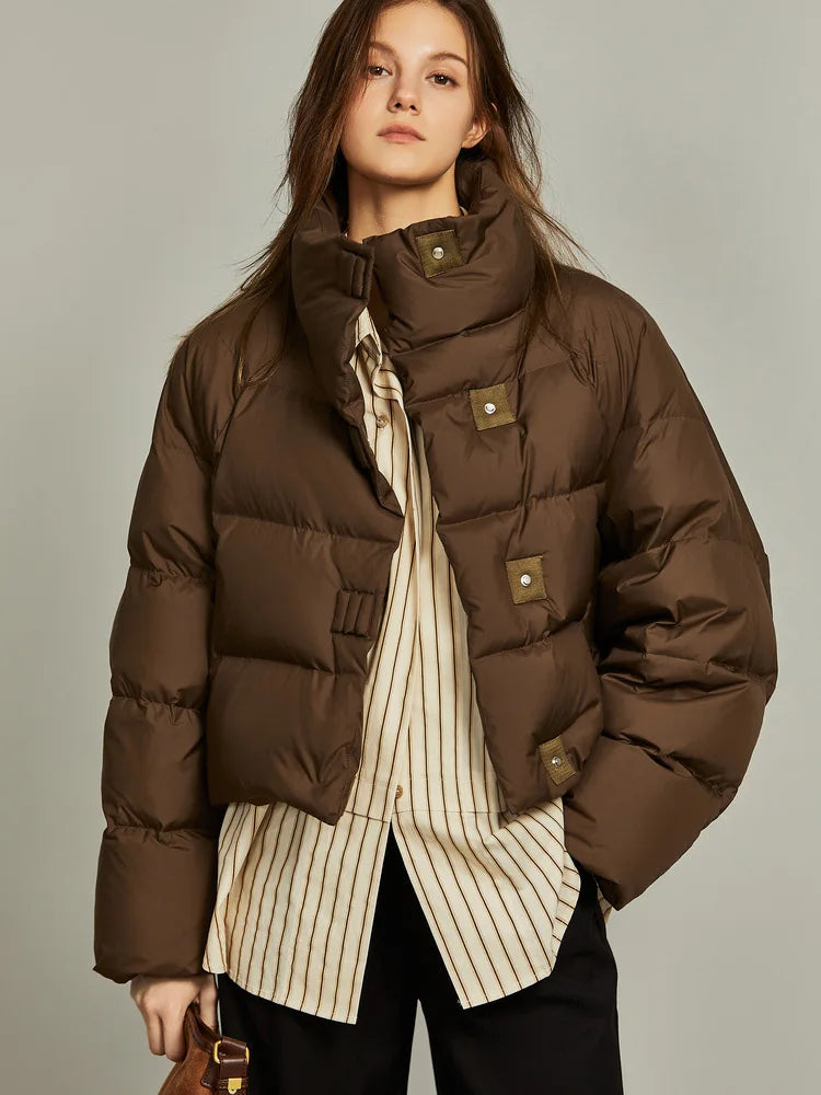 Women's Cropped Quilted Puffer Jacket with High Collar and Snap Buttons