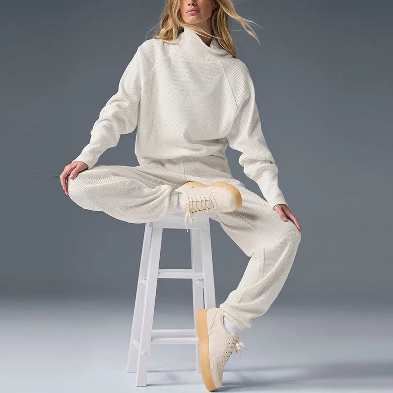 Women's Waffle Knit Sweatshirt and Jogger Pants Set with Funnel Neck