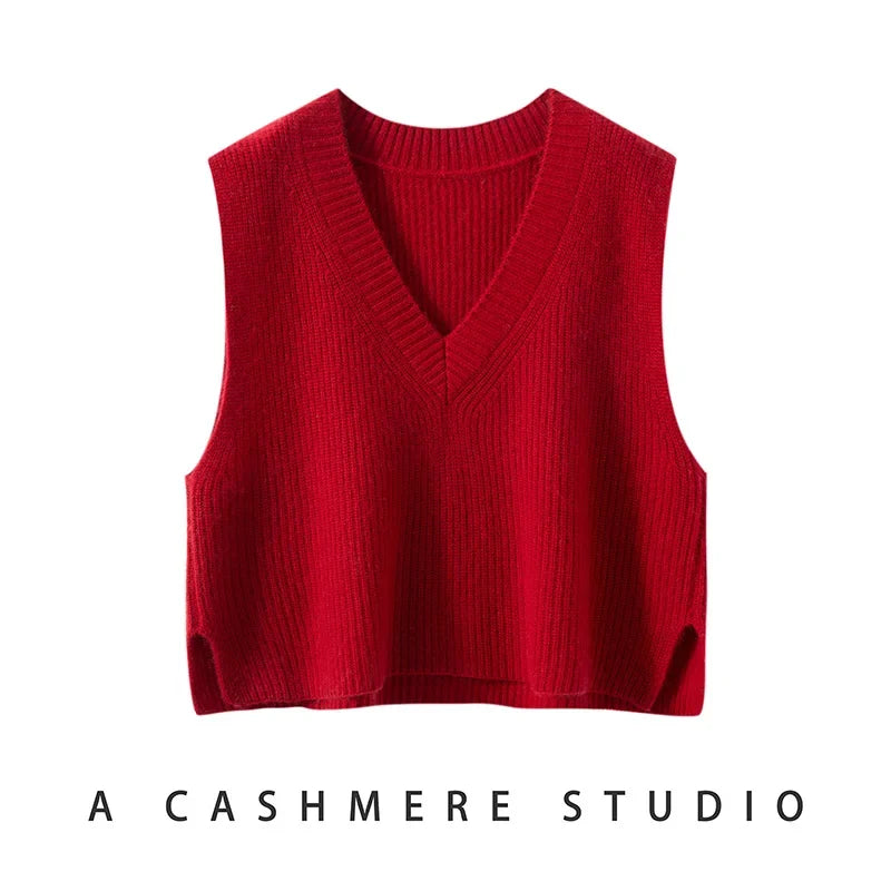 Women's Ribbed Cashmere Sweater Vest with V Neck and Sleeveless Design