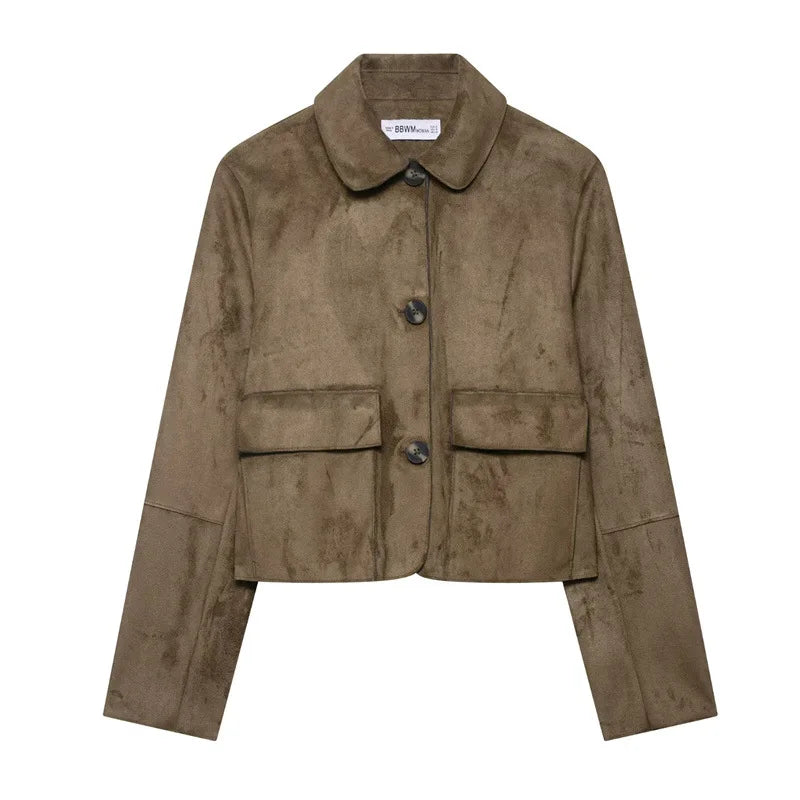 Women's Cropped Suede Jacket with Button Front and Chest Pockets