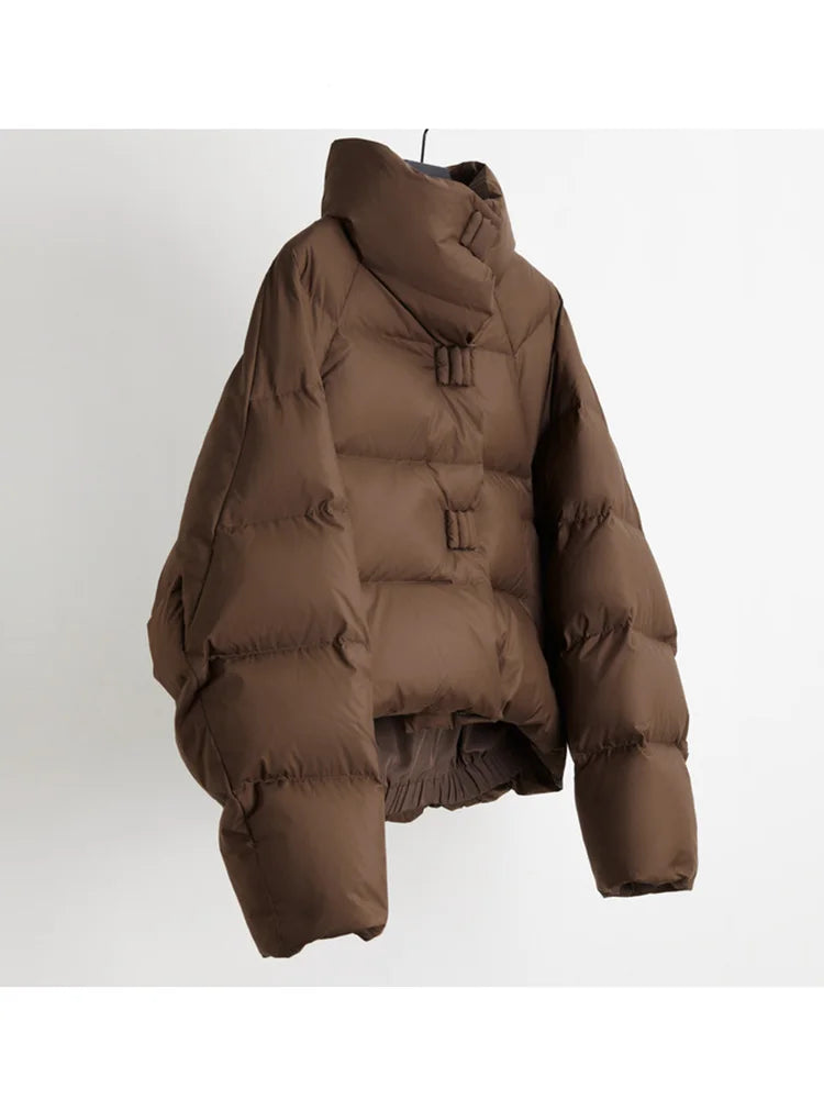 Women's Cropped Quilted Puffer Jacket with High Collar and Snap Buttons