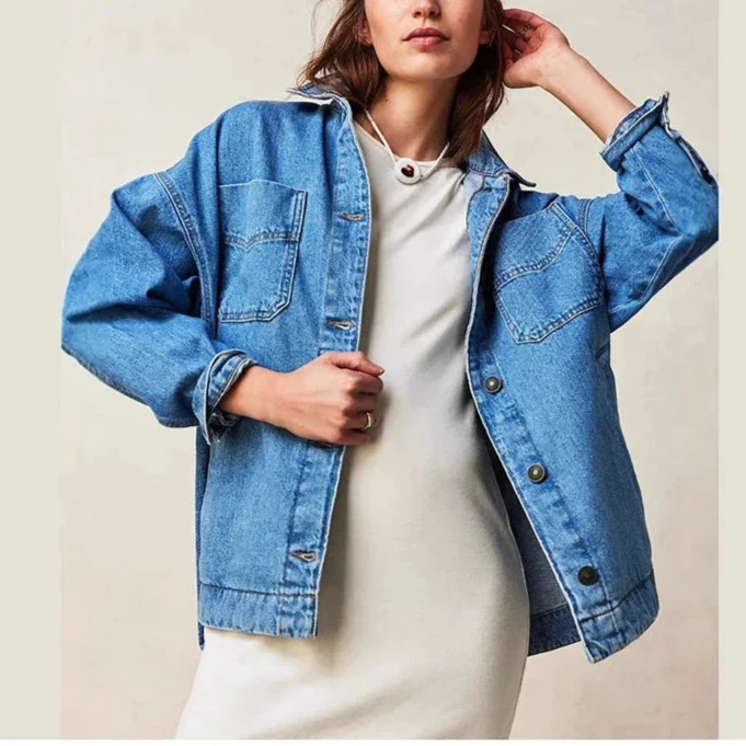 Women's Oversized Denim Shirt Jacket with Button Front and Pockets