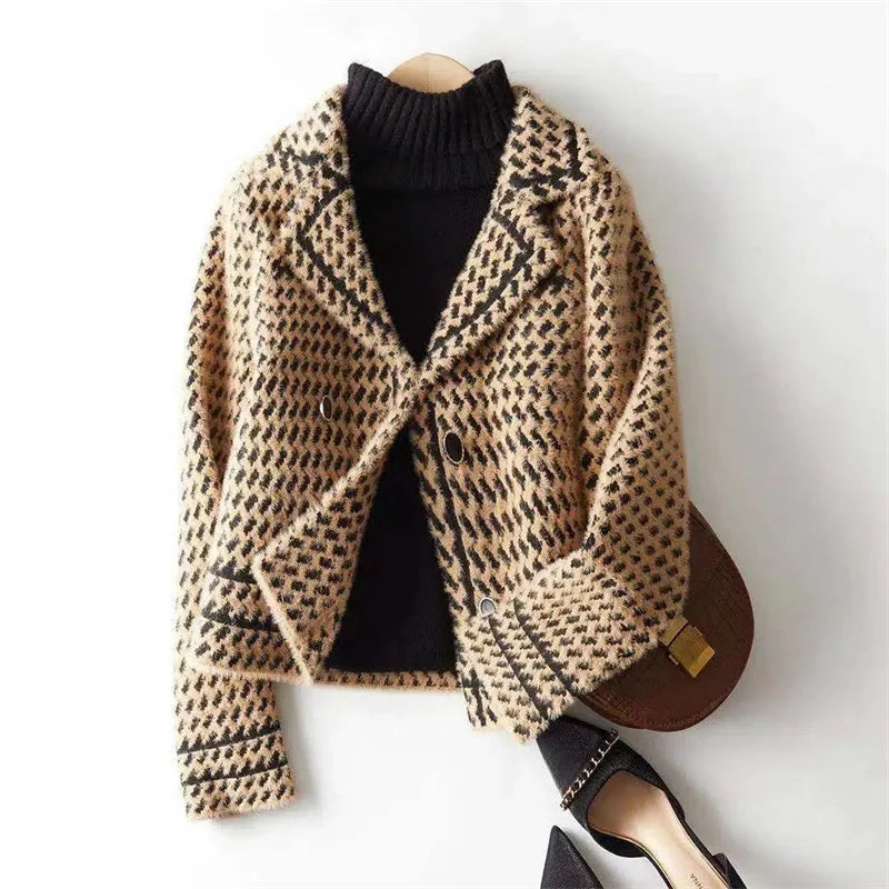 Women's Houndstooth Knit Jacket with Double Breasted Button Front
