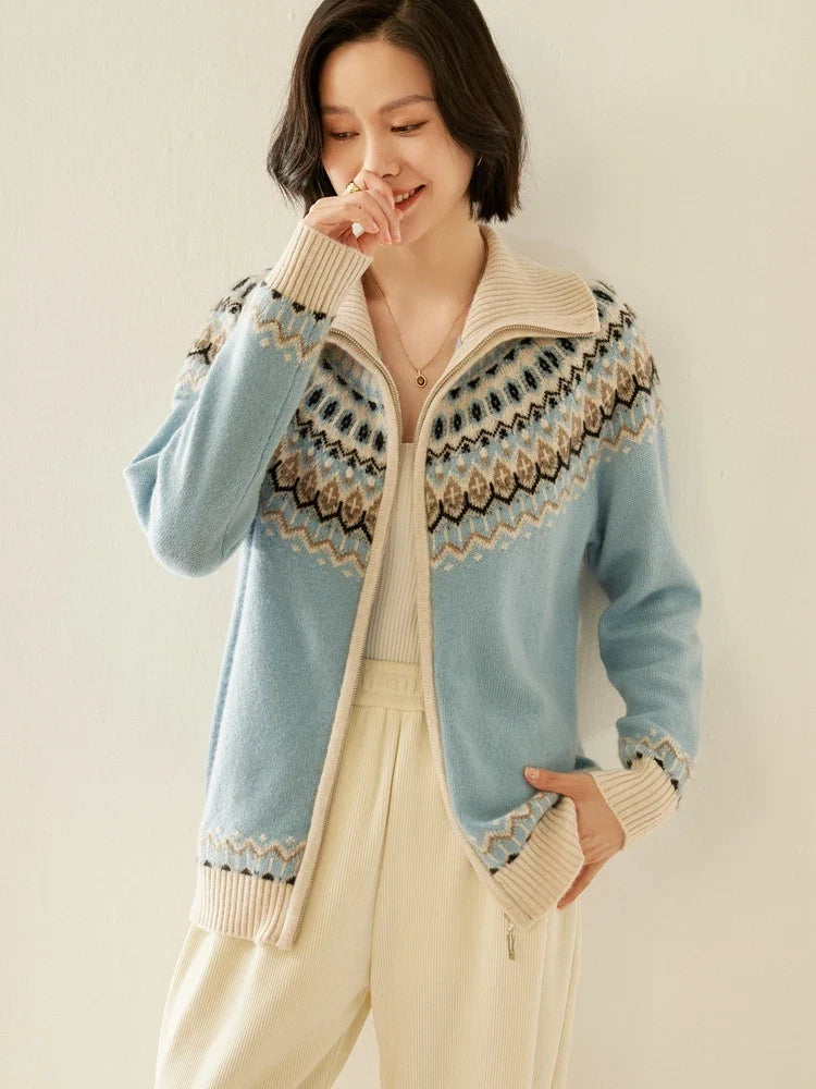 Women's Cashmere Zip Up Cardigan with Fair Isle Pattern and Ribbed Trim