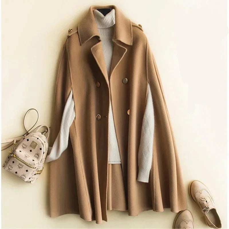 Women's Wool Blend Cape Coat with Button Front and Collar