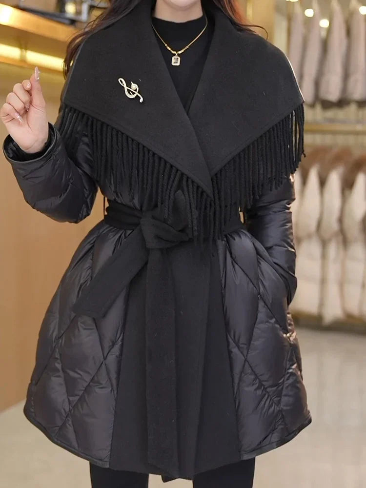 Women's Quilted Down Coat with Fringe Detail and Belted Waist