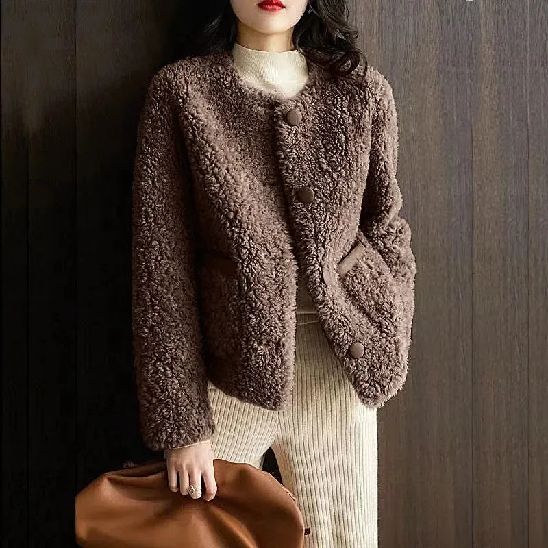 Women's Teddy Fleece Coat with Button Front and Front Pockets