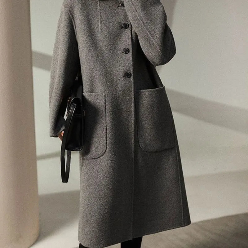 Women's Long Wool Blend Overcoat with Funnel Neck and Button Front
