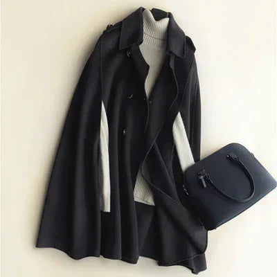 Women's Wool Blend Cape Coat with Button Front and Collar
