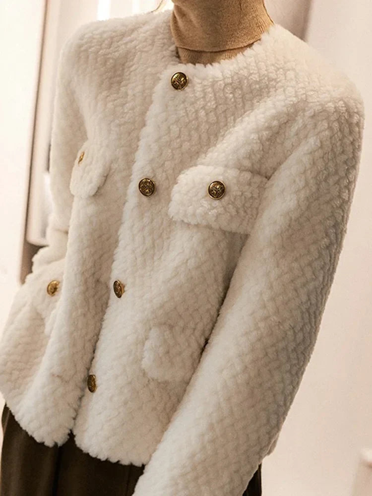 Women's Textured Boucle Jacket with Gold Button Front and Pockets