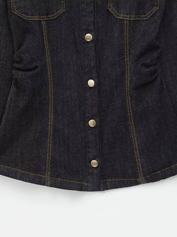 Women's Button Front Denim Shirt and Wide Leg Jeans Set