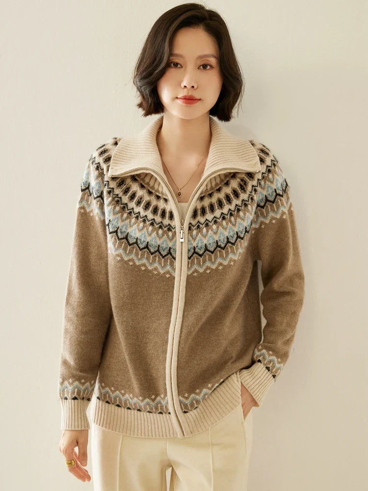 Women's Cashmere Zip Up Cardigan with Fair Isle Pattern and Ribbed Trim