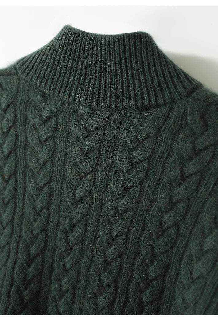 Men's Cashmere Cable Knit Sweater with Button Neck and Long Sleeves