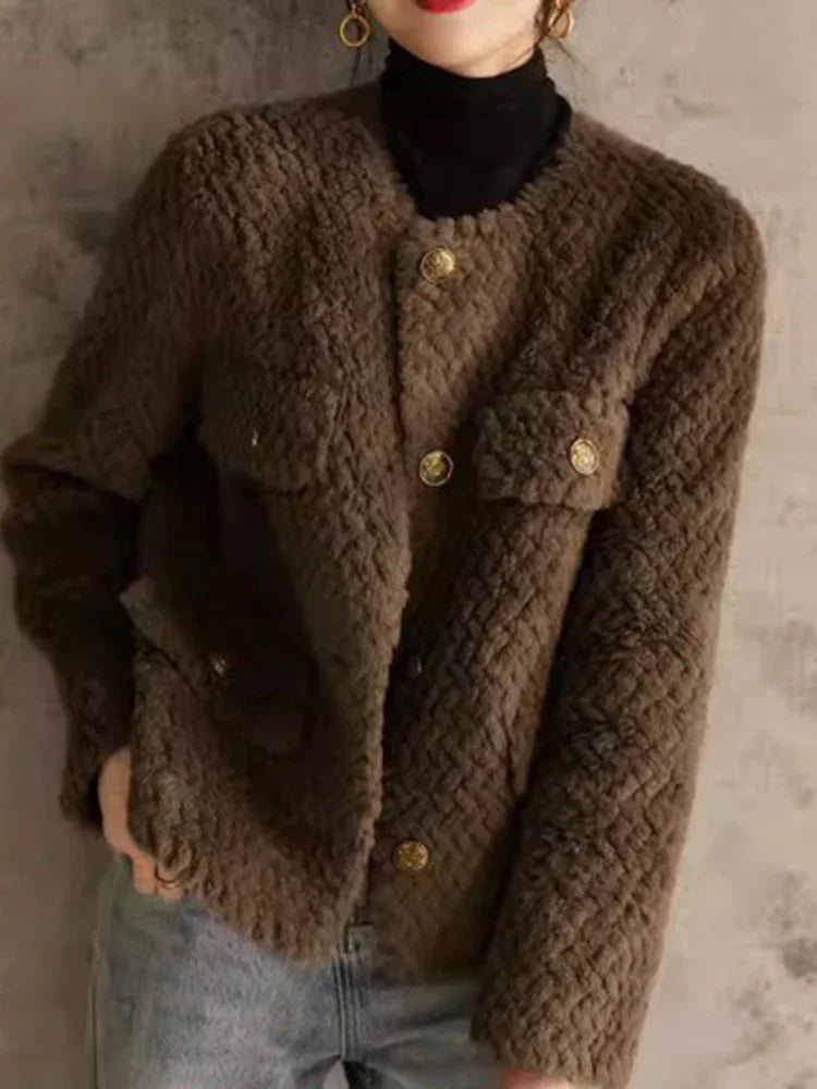 Women's Textured Boucle Jacket with Gold Button Front and Pockets