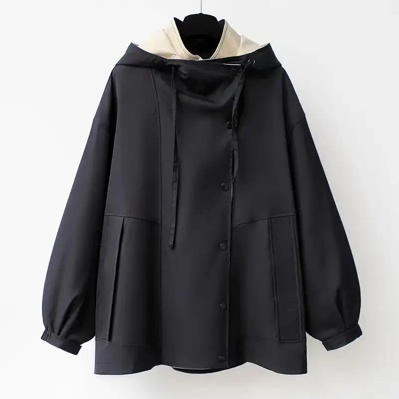 Women's Two Tone Windbreaker Jacket with Wide Lapels and Button Front