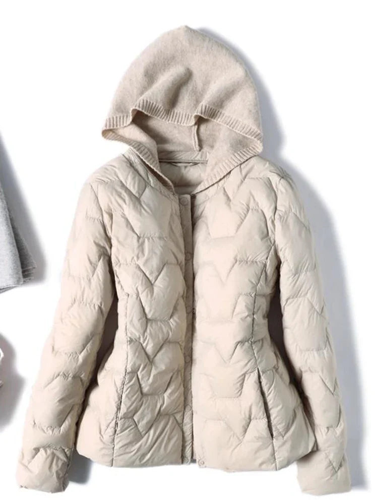 Women's Quilted Down Jacket with Hood and Snap Button Front