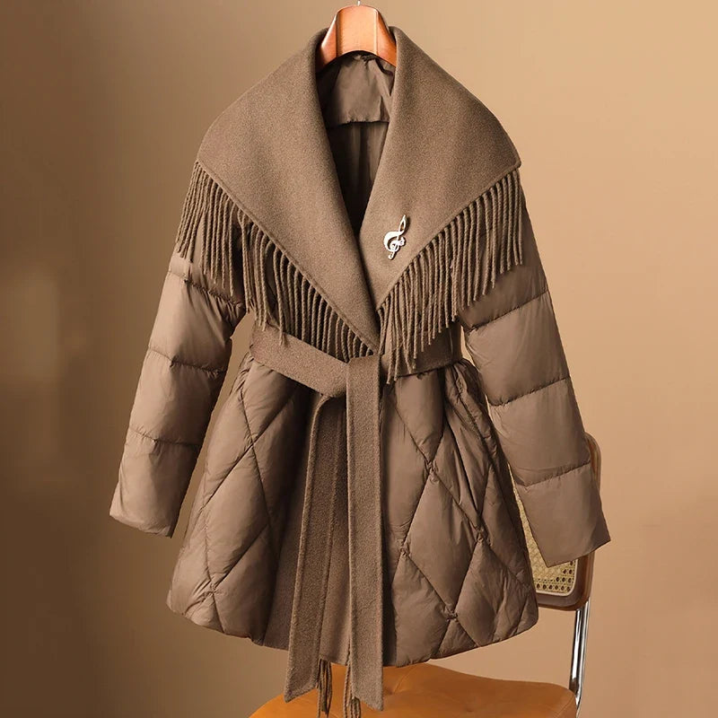 Women's Quilted Down Coat with Fringe Detail and Belted Waist